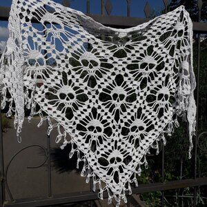 White Skull Crochet Shawl – Handmade Gothic Festival Wrap, Witchy Lace Triangle